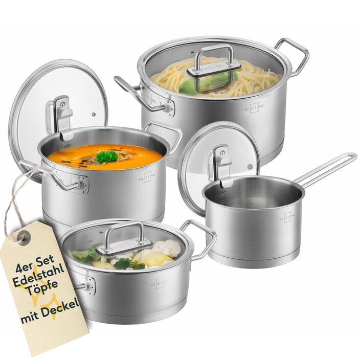 Набір каструль з нержавіючої сталі зі скляними кришками, 4 предмети Silberthal