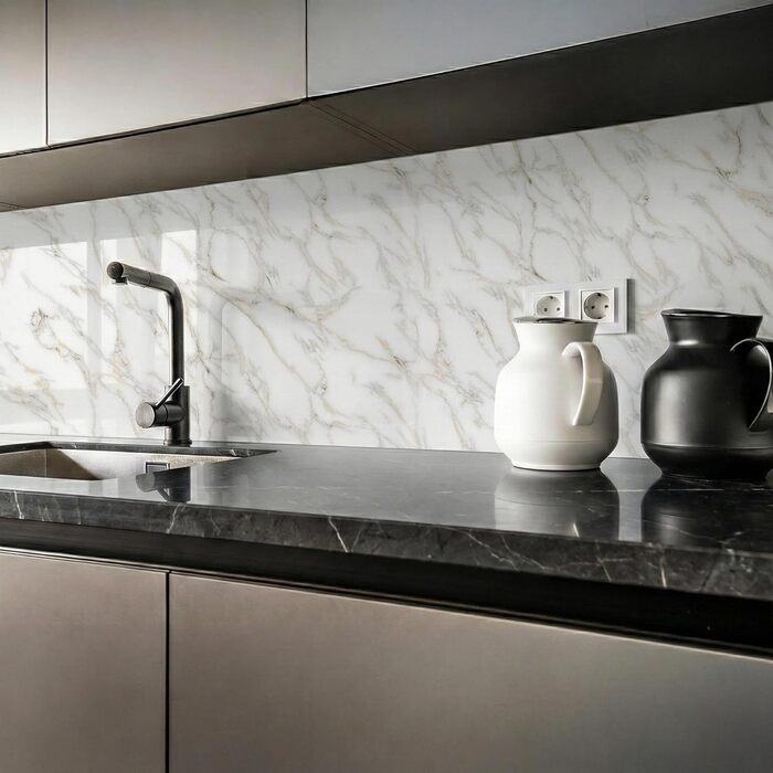 Стінові панелі IZODEKOR під мармур 60x120 см Панель для кухонного фартуха ПВХ-облицювання стін для кухні, ванної кімнати Бризкозахисний екран для кухні Водонепроникний та термостійкий ( панель, Calacada)