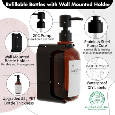 Набір з 3 дозаторів рідкого мила 500 мл з настінним тримачем, бурштиновий колір HCYWOC