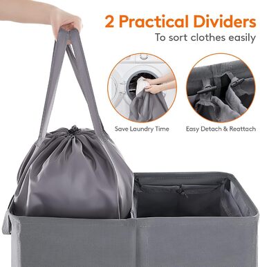 Кошик для білизни Lifewit з кришкою 2 відділення, збірник для білизни з 2 знімними мішками для білизни, складні кошики для білизни Кошики для білизни Коробка для білизни Тканинні кошики для білизни для ванної кімнати Спальня, (105 л, сірий)