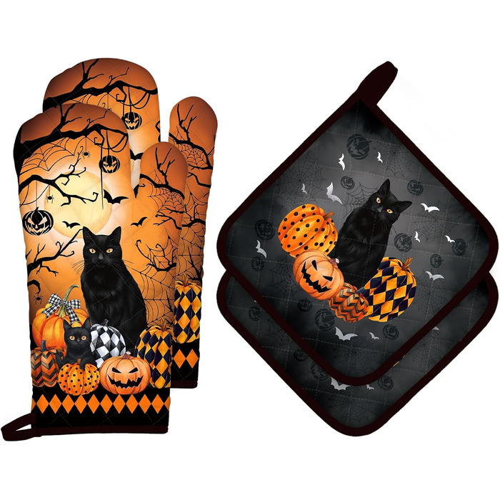 Набір з 2 рукавичок для духовки та підставки для каструль Arquiel Gnome Autumn Orange Checked, 100 бавовняні кулінарні рукавички, термостійкі кухонні рукавички для приготування їжі, осінній декор, подарунки на кухню для жінок (Хелловін 01, рукавиця для ду