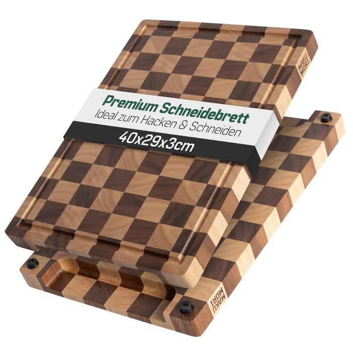 Премиум разделочная доска из цельного дерева, торцевая (End Grain) 40x29x3 см из карбонизированной акации, сертифицирована FSC, с ножками, желобком для сока и удобными ручками (двухцветная)