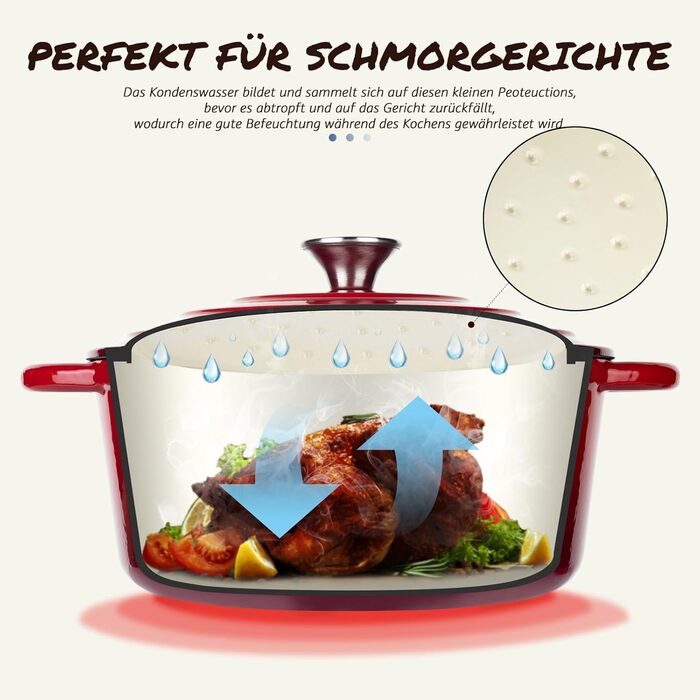 Чавунна форма для запікання Overmont Enamel - 26 см, придатна для використання в духовці, з кришкою та кулінарною книгою - для випікання, тушкування, запікання, білого кремового кольору (26 см-5,2 л, червоного кольору)