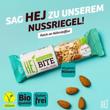 Органічні горіхові батончики HEJ Bite - Низьковуглеводна закуска з горіхами - Веганський енергетичний батончик з мигдалем, фундуком та арахісом - Без глютену - Мигдаль та морська сіль 12 x 40 г Мигдаль та морська сіль 12 шт. (упаковка з 1)