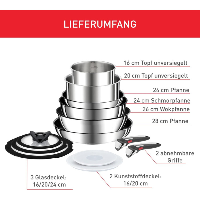 Набір посуду для індукційного приготування Tefal Ingenio Preference On з 15 предметів зі знімною ручкою, що штабелюється, економить місце, з антипригарним покриттям, простий у використанні та чищенні, набір посуду для індукційного приготування L97495 (наб