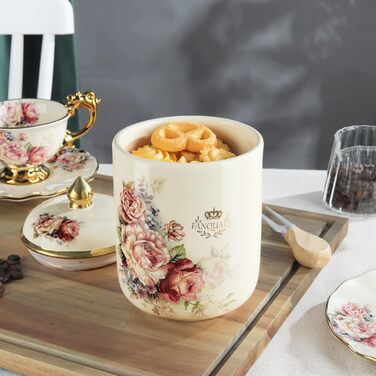 Порцелянова банка для печива Fanquare, Ø 19 см, банка для зберігання з вінтажним квітковим візерунком та кришкою, банка для печива та солодощів, золота