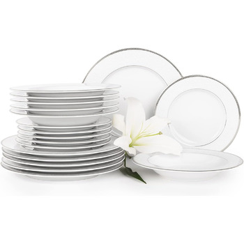 Набір посуду konsimo Combi 6 персон Набір тарілок Modern 18 предметів Столовий сервіз - Сервіз та набори посуду - Комбінований сервіз 6 осіб - Сервіз для сім'ї - Посуд білий (New Hollis Platinum, 18 предметів)