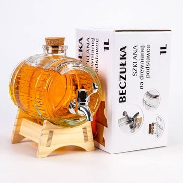 Стеклянный диспенсер в форме бочки с краном 1л SUPERBUTELKI.PL
