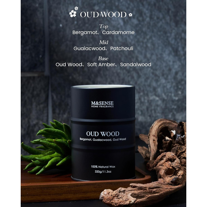 Ароматичні свічки M&SENSE Oud Wood з натурального соєвого воску, 320 г натуральної соєвої свічки для домашнього декору, тривале горіння до 70 годин, класні подарункові свічки для чоловіків і жінок, 320 г Oud Wood