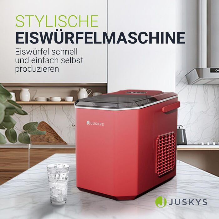 Льодогенератор Juskys IceOracle - Коктейльний лід за 6-13 хв - Міні-льодогенератор на 12 кг/день - Великий контейнер для льоду - Білий (червоний)