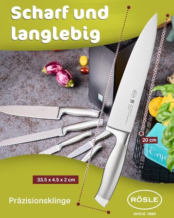 Кухарський ніж RSLE Basic Line - високоякісний кухонний ніж 20 см для м&39яса, риби, птиці та овочів, нержавіюча сталь 18/10, ергономічна срібна ручка, гострий ніж для кухні