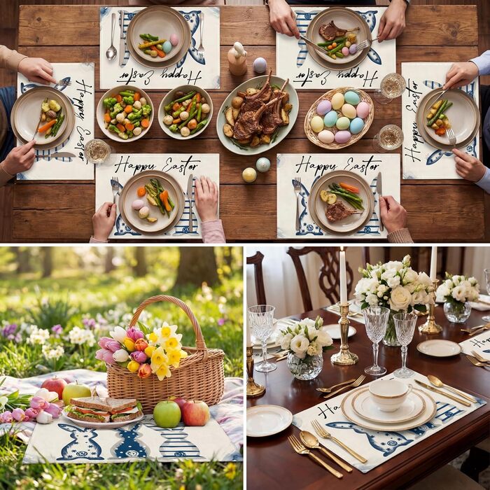 Великодні серветки &quotЩасливого Великодня&quot з коричневим кроликом, набір з 4 шт. , 32x45 см, весняний різдвяний килимок, серветки, що миються, прикраса для кухні-вечірки (синій, 32 x 45 см)