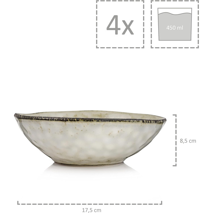 Співачка Обідній сервіз Pompei з кераміки, набір посуду з 12 предметів для 4 осіб, набір тарілок вінтажного дизайну. (Набір мисок 4 шт.)