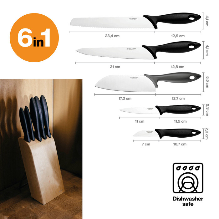 Набор ножей Fiskars Essential в деревянном блоке (1023782)