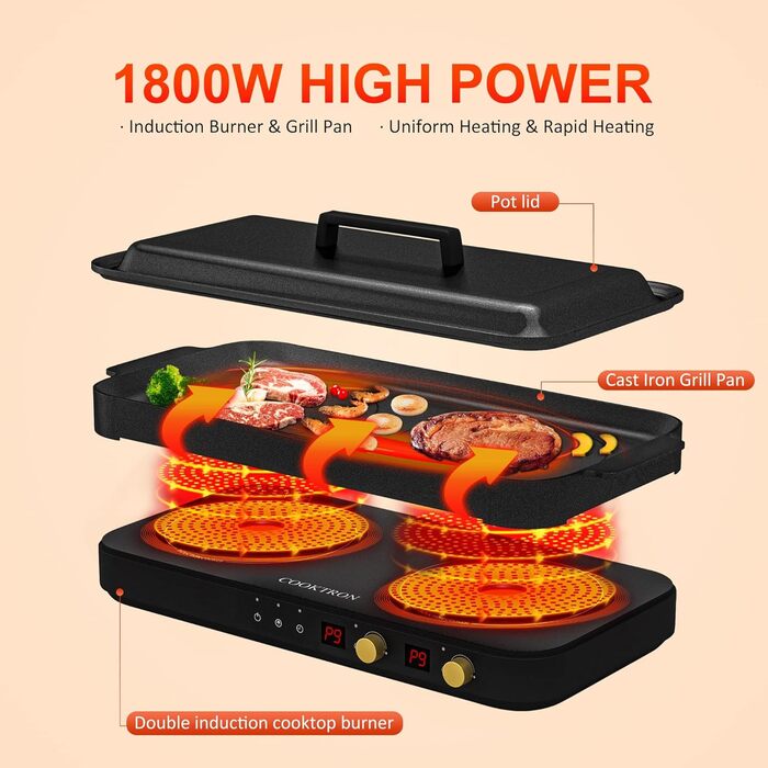Портативна індукційна варильна поверхня на 2 конфорки 1800 Вт COOKTRON