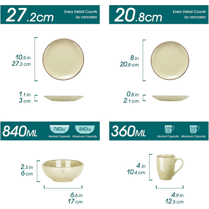 Набір посуду Vancasso на 12 осіб, набір керамічного посуду Navia, комбінований набір із 48 предметів обідні тарілки, салатниці, миски та чашки, вінтажний вигляд, натуральний дизайн (набір із 16 предметів, кремовий)