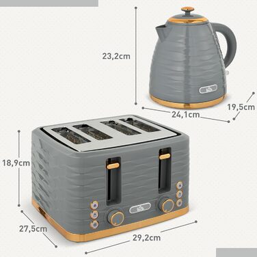 Набір для сніданку HOMCOM Kettle Toaster Set з чайником 1,7 л, тостером на 4 скибочки, 2200 Вт, 7 рівнів підсмажування, розморожуванням, розігріванням та піддоном для крихт, термостатом Otter, кремово-білим (сірим)