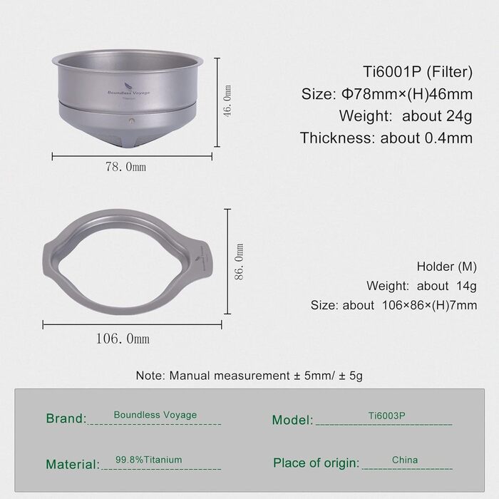Безмежна подорож Титановий сітчастий фільтр для кави Pour Over Безпаперовий повільний крапельний кавовий фільтр Багаторазова крапельниця для кемпінгу на відкритому повітрі Ti6001P (підставка для фільтра та фільтра (M))