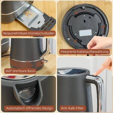 Комплект чайника та тостера HOMCOM 2200 Вт 1,7 л, тостер на 2 скибочки, 6 рівнів підсмажування, функції розігріву та розморожування, набір для сніданку з фільтром від накипу та піддоном для крихт, термостат Otter UK (сірий)