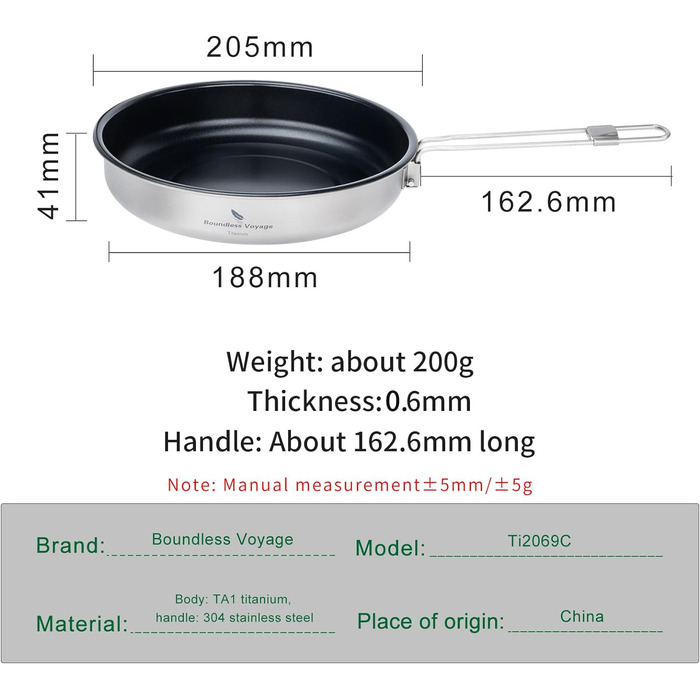 Безмежна подорож 22,8 см/1,5 л Кемпінгова сковорода для газової плити Титанова сковорода Ультралегкий похідний посуд Сковорода-гриль для приготування яєчного стейка, Ti2070C (18,8 см-1 л)