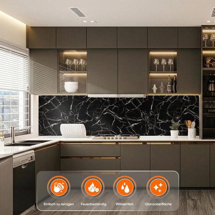 Стінові панелі IZODEKOR під мармур 60x120 см Панель для кухонного фартуха ПВХ-облицювання стін для кухні, ванної кімнати Бризкозахисний екран для кухні Водонепроникний та термостійкий (4 панелі 4 монтажних клею, чорно-білий)