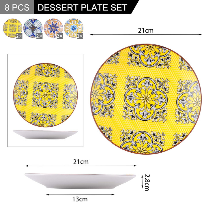 Порцелянова десертна тарілка vancasso, тарілка для торта 12 предметів кольорова, Ø 21,5 см плоска тарілка для сніданку (жасмин, десертна тарілка 8 шт. )