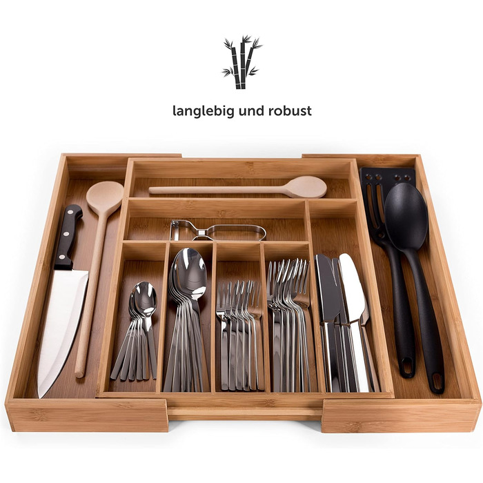 Бамбуковий лоток для столових приборів Blumtal - Регульований роздільник для шухляд для кухні - Органайзер для столових приборів з 7-9 відділеннями - Висувна шухляда для кухонних шухляд - Великий, гнучкий органайзер для столових приборів - 7-9 відділень