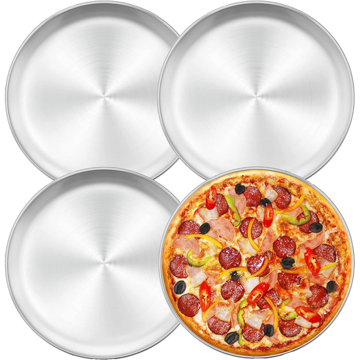 Набор из 4, 30 см круглая форма для пиццы из нержавеющей стали, противень для пиццы для духовки, выпечки, сервировки, жарки, нетоксичный и здоровый, прочный и безопасный для машины (металл серебристый)
