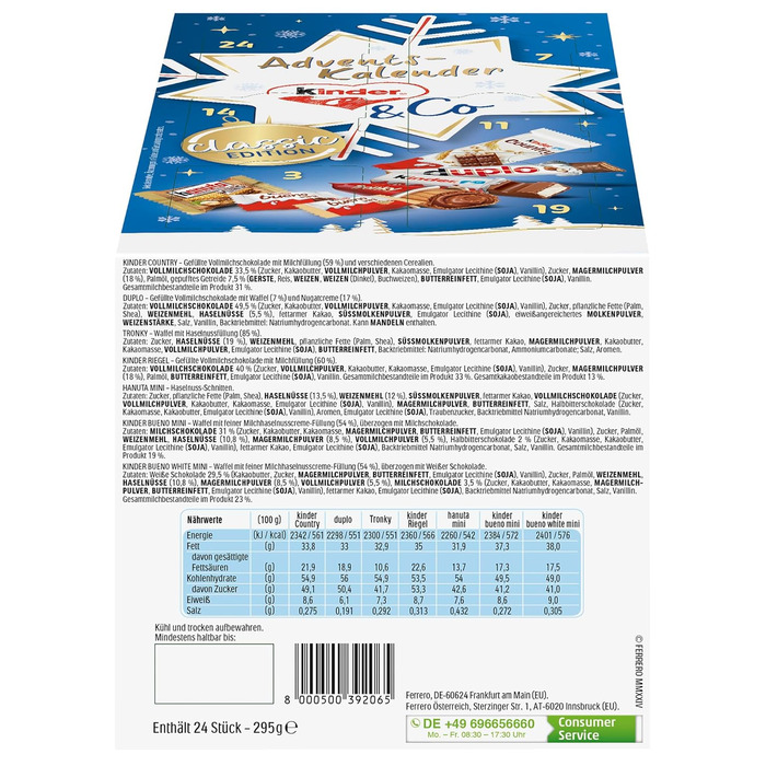 Рождественский адвент-календарь с 24 шоколадными деликатесами, 295 г Kinder & Ferrero