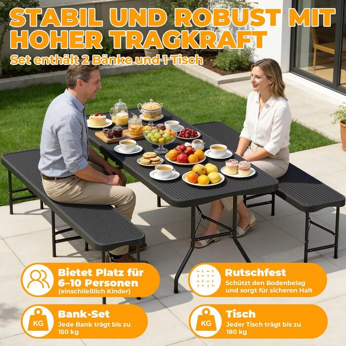 Складной набор для отдыха включая стол и 2 скамейки под ротанг Hebitod.