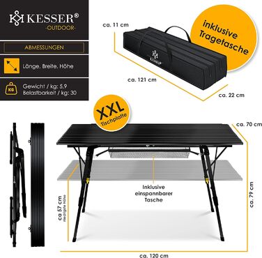 Стол для кемпинга KESSER складной стол с алюминиевой рамой Откидной стол в рулонах Откидной стол Регулировка высоты с сумкой для переноски с ремнем для переноски 90 x 53 см - до 30 кг, (120 см x 70 см, черный)