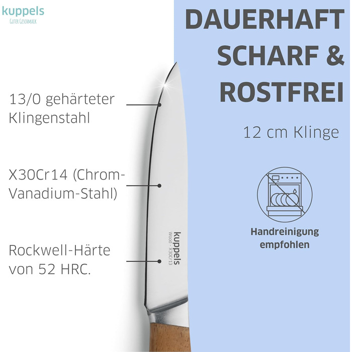 Набір кухонних ножів Kuppels WOOD, 3 предмети ніж шеф-кухаря, ніж універсальний та ніж для овочів з ручкою з акації. Надзвичайно гострий набір ножів з хромо-ванадієвої сталі, професійний набір для обробки овочів та мяса (універсальний ніж).