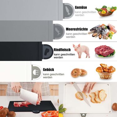 Набір обробних дощок BOCHION, пластикові дошки з іконками продуктів та піддоном, нековзні та без BPA, антибактеріальні дошки для риби, овочів, фруктів, мяса, хліба (набір з 4, чорний, білий, сірий)