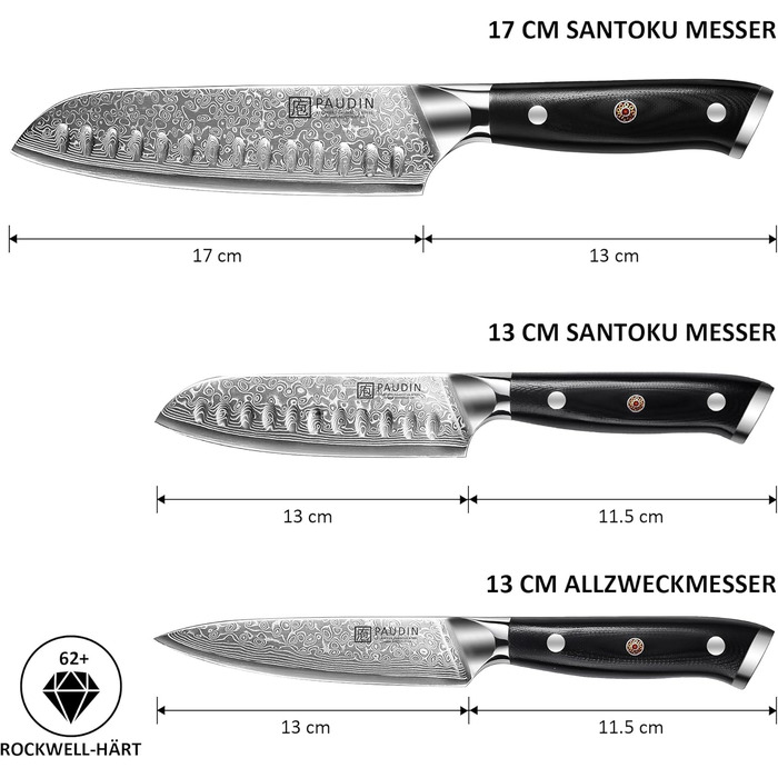 Набор кухонных ножей 3 предмета из дамасской стали PAUDIN