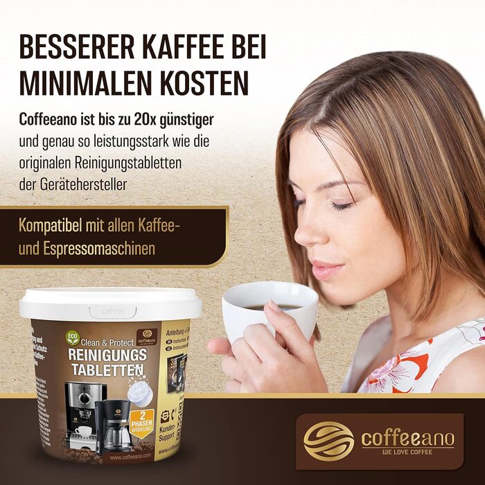 Таблетки для чищення Coffeeano 250 для повністю автоматичних кавоварок та кавоварок. Для Delonghi, Siemens, серії EQ, Jura, Krups, Bosch, Miele, Melitta, WMF та багатьох інших. 250 таблеток (1 упаковка) (2-фазні таблетки для чищення, 80 таблеток (1 упаков