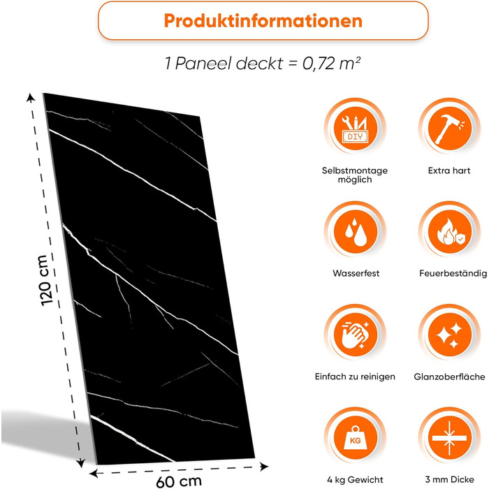 Стінові панелі IZODEKOR під мармур 60x120 см Панель для кухонного фартуха ПВХ-облицювання стін для кухні, ванної кімнати Бризкозахисний екран для кухні Водонепроникний та термостійкий ( панель, чорна блискавка)