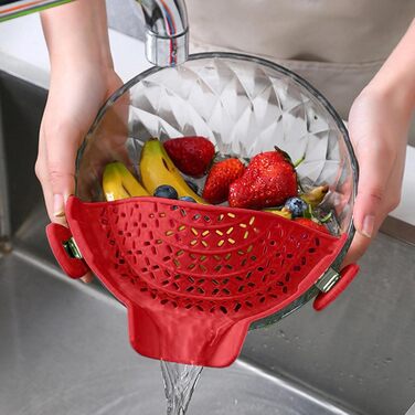 Силіконовий друшляк Fulenyi із застібкою, насадка для пасти для каструль, сковорідок та мисок, кухонне ситечко, яке можна мити в посудомийній машині, друшляк для зливання води ідеальний засіб для зливання пасти та овочів (червоний)