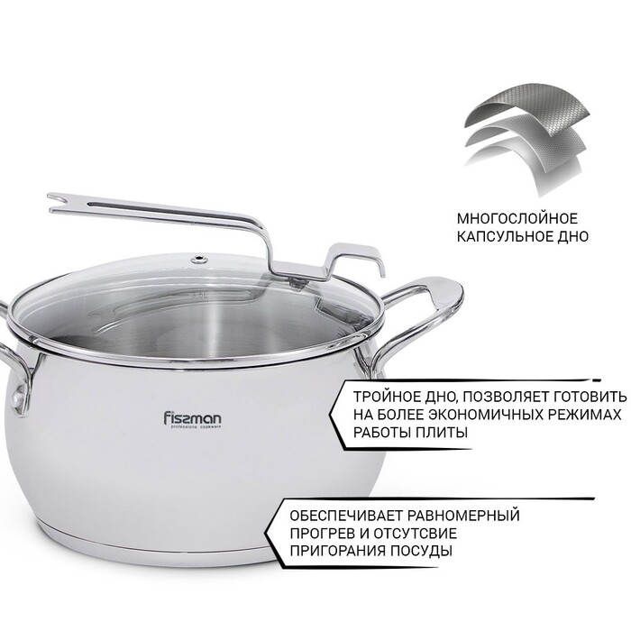 Каструля Fissman VITA 20x11,5 см 3,5 л зі скляною кришкою нержавіюча сталь (5216)