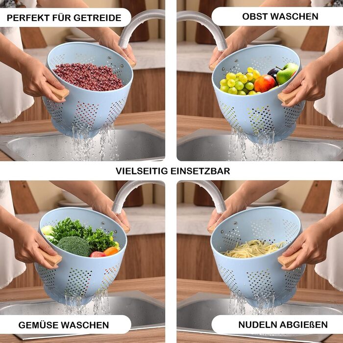 Металеве сито для пасти з дерев&39яною ручкою та стабільною основою, велике кухонне сито 22 см для пасти, овочів та фруктів, міцне кухонне сито (синє)