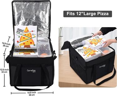 Ізольована харчова сумка, 38 x 38 x 32 см, ідеально підходить для гарячих та холодних страв, піци, ресторанів, доставки додому, індійської/китайської їжі, пікніків, термосумка, чорна