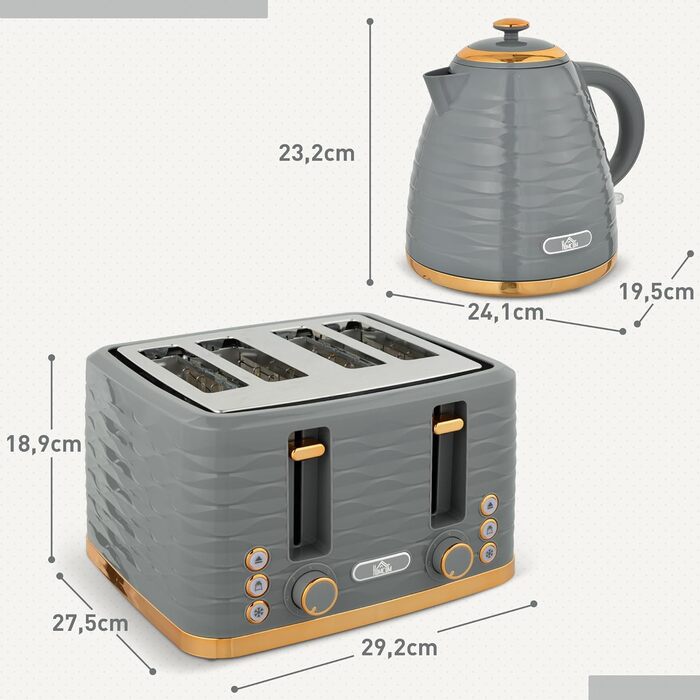 Набір для сніданку HOMCOM Kettle Toaster Set з чайником 1,7 л, тостером на 4 скибочки, 2200 Вт, 7 рівнів підсмажування, розморожуванням, розігріванням та піддоном для крихт, термостатом Otter, кремово-білим (сірим)