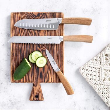 Набір кухонних ножів Kuppels WOOD, 3 предмети ніж шеф-кухаря, ніж універсальний та ніж для овочів з ручкою з акації. Надзвичайно гострий набір ножів з хромо-ванадієвої сталі, професійний набір для овочів та мяса (ніж Сантоку).