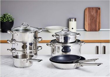 Набір посуду Kitchen-Profi Basics з 11 предметів з нержавіючої сталі, безпечний для індукції, з кришками, сріблястий