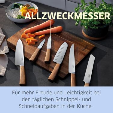 Набір кухонних ножів Kuppels WOOD, 3 предмети ніж шеф-кухаря, ніж універсальний та ніж для овочів з ручкою з акації. Надзвичайно гострий набір ножів з хромо-ванадієвої сталі, професійний набір для обробки овочів та мяса (універсальний ніж).