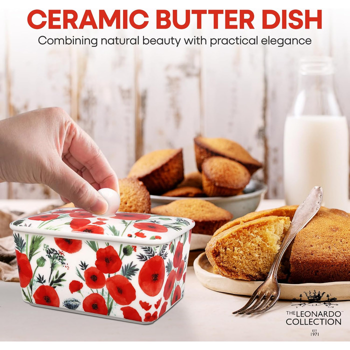 Маслянка з кришкою, китайська кераміка, з гарними акварельними мотивами, дизайн від Jennifer Rose Gallery для Busy Bees (червона/біла)