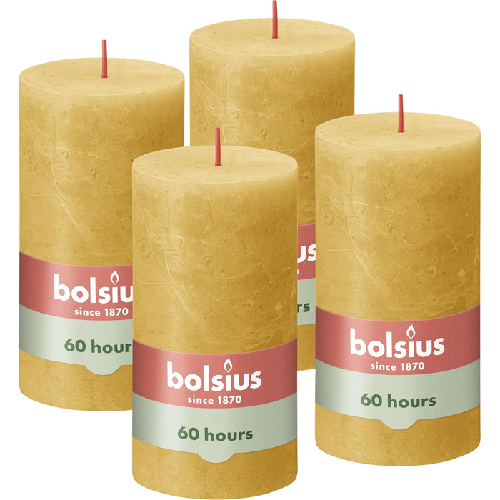 Свічки Bolsius Rustic Pillar - Оливково-зелені - Набір з 4 шт. - Декоративні побутові свічки - Час горіння 60 годин - Без запаху - Натуральний рослинний віск - Без пальмової олії - Оливково-зелені (13 x 7 см, охра-жовті)