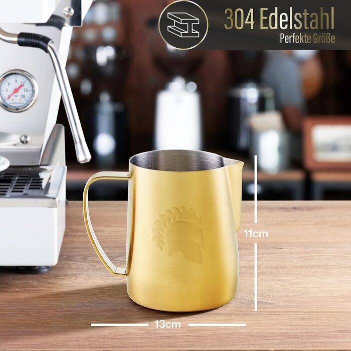 Глечик для молока Barista Legends з нержавіючої сталі 350 мл зі спеціальним носиком для лате-арту - Глечик для спінювання молока з високим глянцевим покриттям - Глечик для молока Barista з нержавіючої сталі - Аксесуари Barista (Ares Gold)