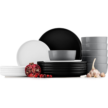 Консімо. Набір посуду Combi 6 персон Набір тарілок VICTO Modern 24 предмети Столовий сервіз - Сервіз та набори посуду - Комбінований сервіз 6 осіб - Сервіз для сім'ї - Посуд Столовий посуд (18 предметів (супові миски), білий / чорний / сірий)
