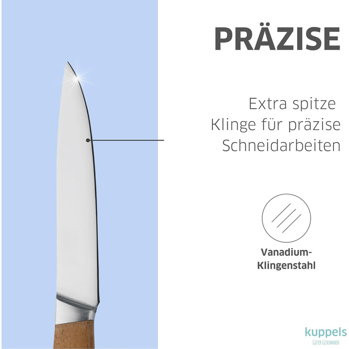 Набір кухонних ножів Kuppels WOOD, 3 предмети ніж шеф-кухаря, ніж універсальний та ніж для овочів з ручкою з акації. Надзвичайно гострий набір ножів з хромо-ванадієвої сталі, професійний набір для обробки овочів та мяса (універсальний ніж).