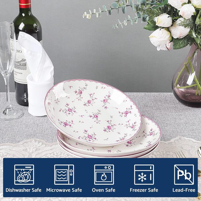 Набір обідніх тарілок fanquare з 4 плоских тарілок з білого порцеляни Ø 275 мм, Royal Vintage, рожеві квіти, для кейтерингу та домашнього використання, обідня тарілка 10,8 дюйма (салатна тарілка 7,9 дюйма)